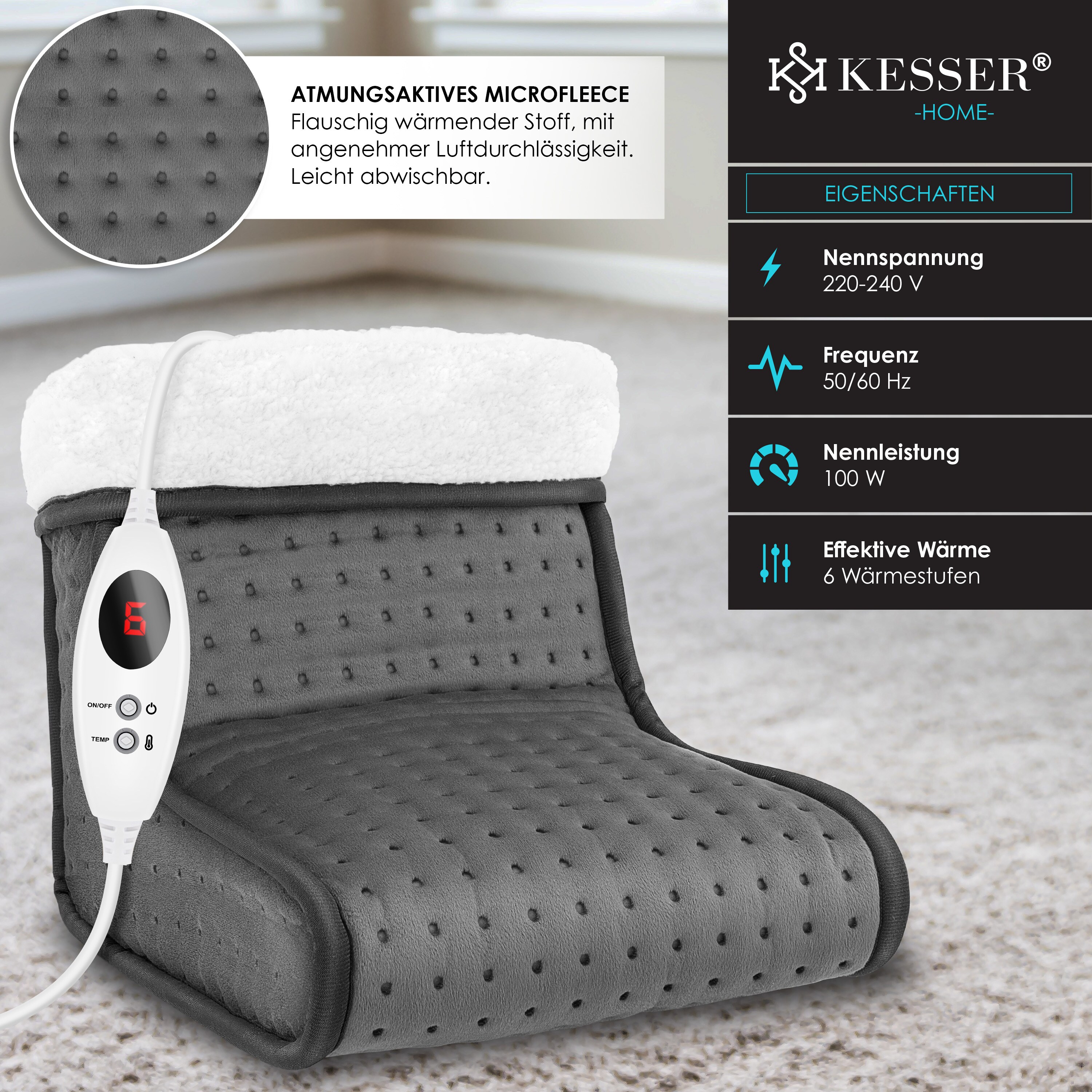 KESSER® Elektrischer Fußwärmer| Wärmeeinstellung per Fernbedienung | 6 Heizstufen & Timer Elektrische Fußheizung Wärmekissen | Überhitzungsschutz mit Abschaltautomatik | waschbarem
