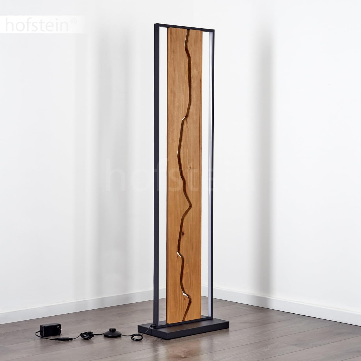 LED Stehleuchte Terre, Stehlampe aus Metall/Holz/Kunststoff in Schwarz/Naturfarben/Weiß, Retro/Vintage-Design mit Schirm aus Holz, Höhe 120, 18 Watt, 2300 Lumen, 3000 Kelvin