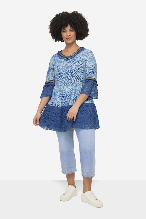 Tunika, A-Line, Voile, Alloverdruck, Spitzen-Volants