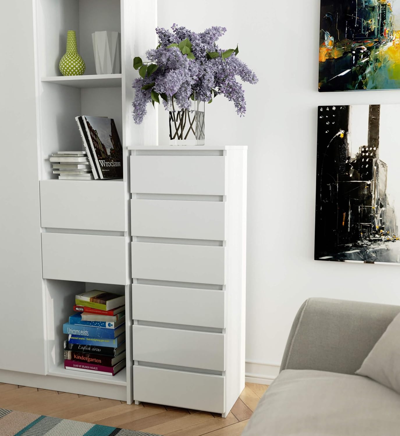AKORD Kommode CL6 40 cm | 6 Schubladen | Schrank | für das Wohnzimmer | für das Schlafzimmer | B40 x H109 x T35 cm | Gewicht 25,5 kg | Weiß/Weiß