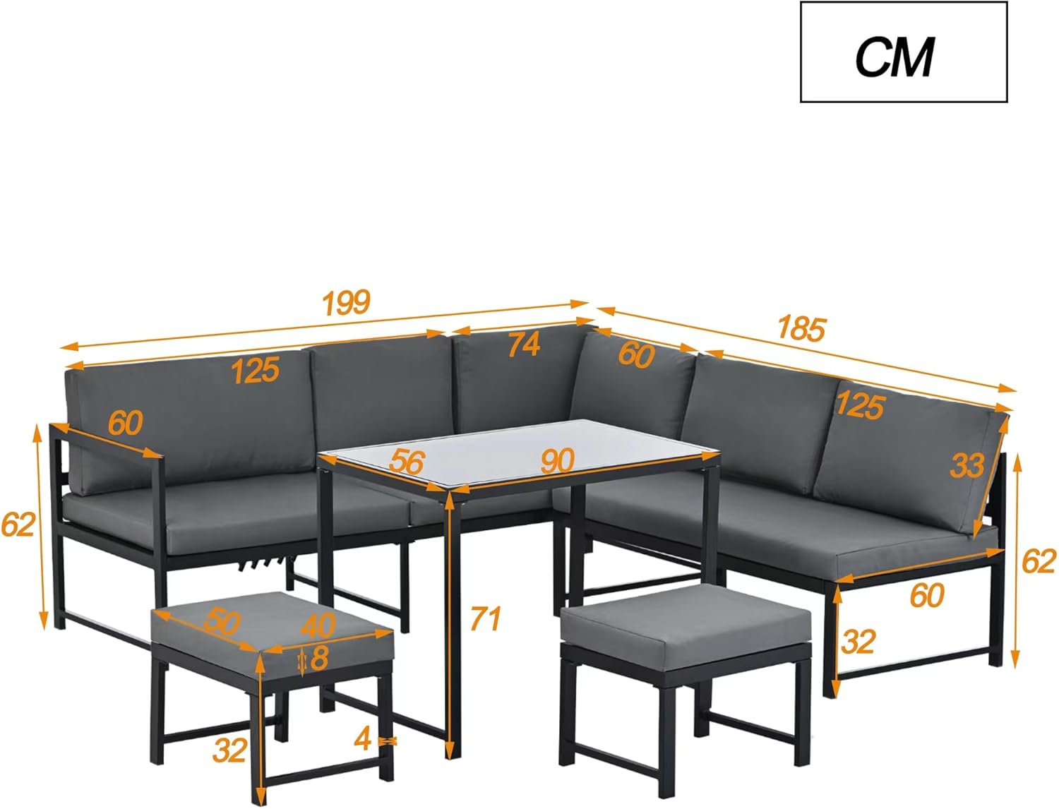 Merax Gartenlounge-Set 7 Sitzplätze, Garten-Freizeittisch- und Stuhlset,Aluminium Sitzgruppe für Garten Balkon, mit Vierter Gang verstellbare Rückenlehne, Tisch mit Sicherheitsglasplatte,Grau