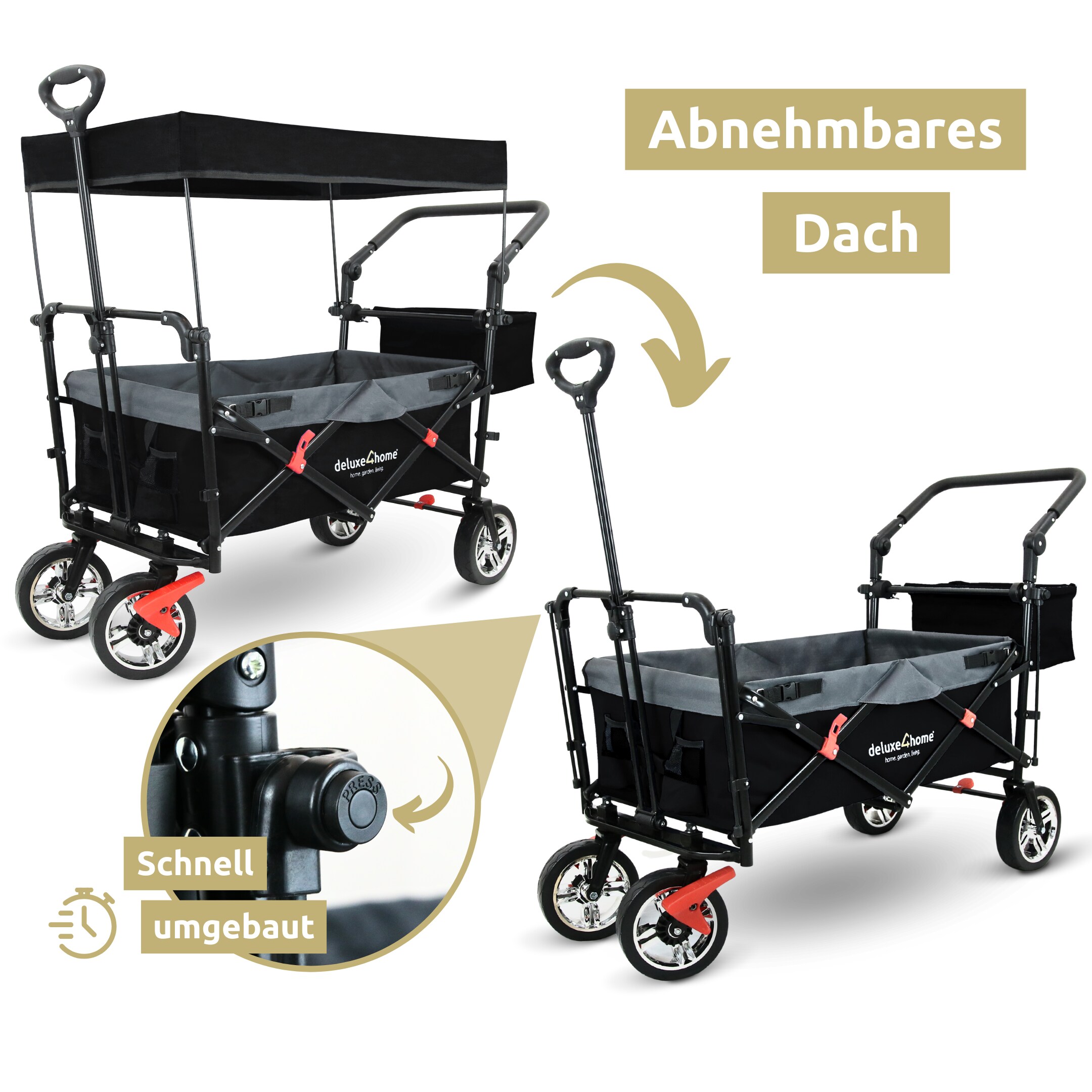 deluxe4home® Bollerwagen | Transportwagen faltbar mit Dach | Schwarz/Grau