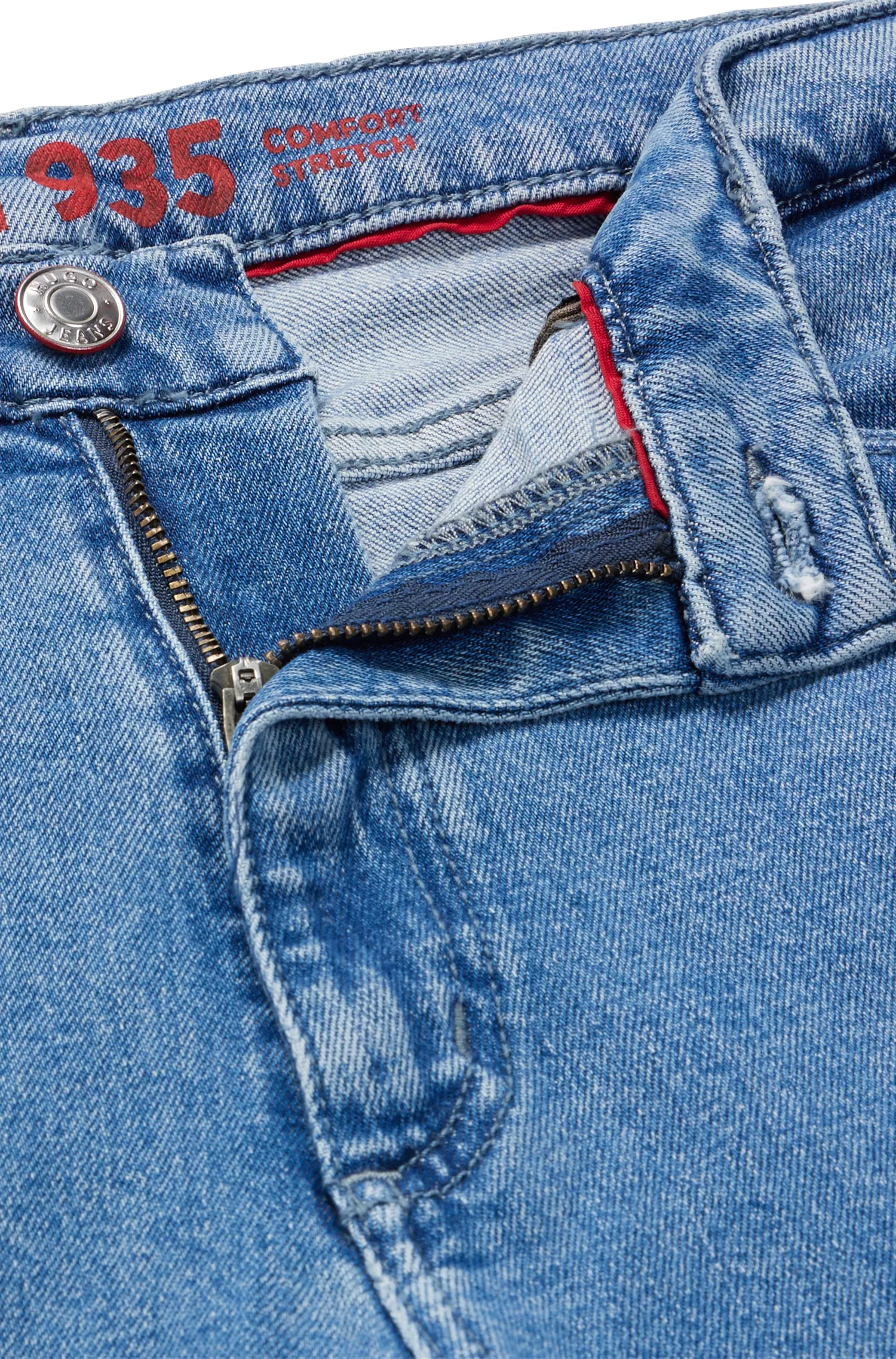 Calça jeans HUGO vermelha, corte regular, cintura alta, em denim elástico.