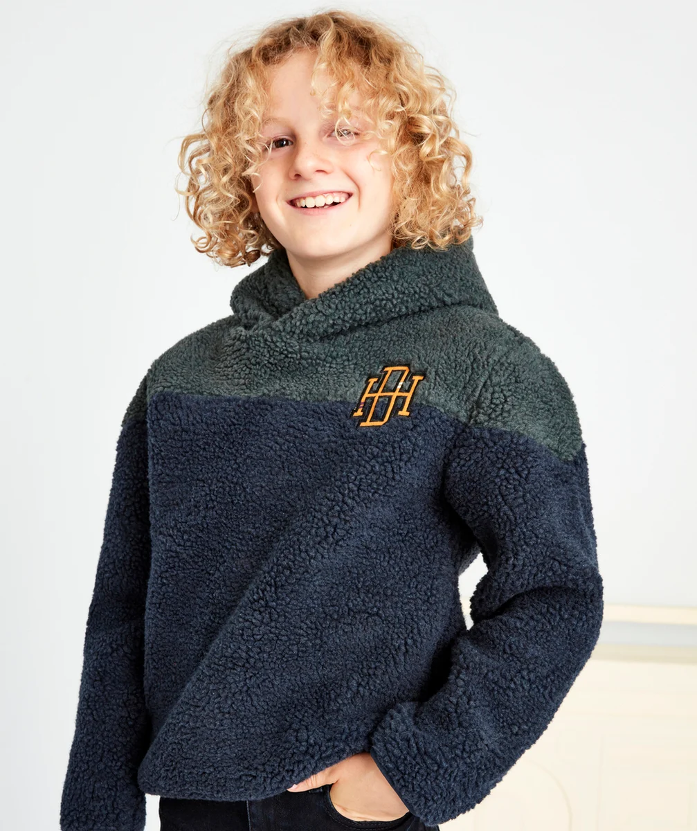 SWEAT À CAPUCHE EN SHERPA BLEU MARINE ET VERT GARÇON