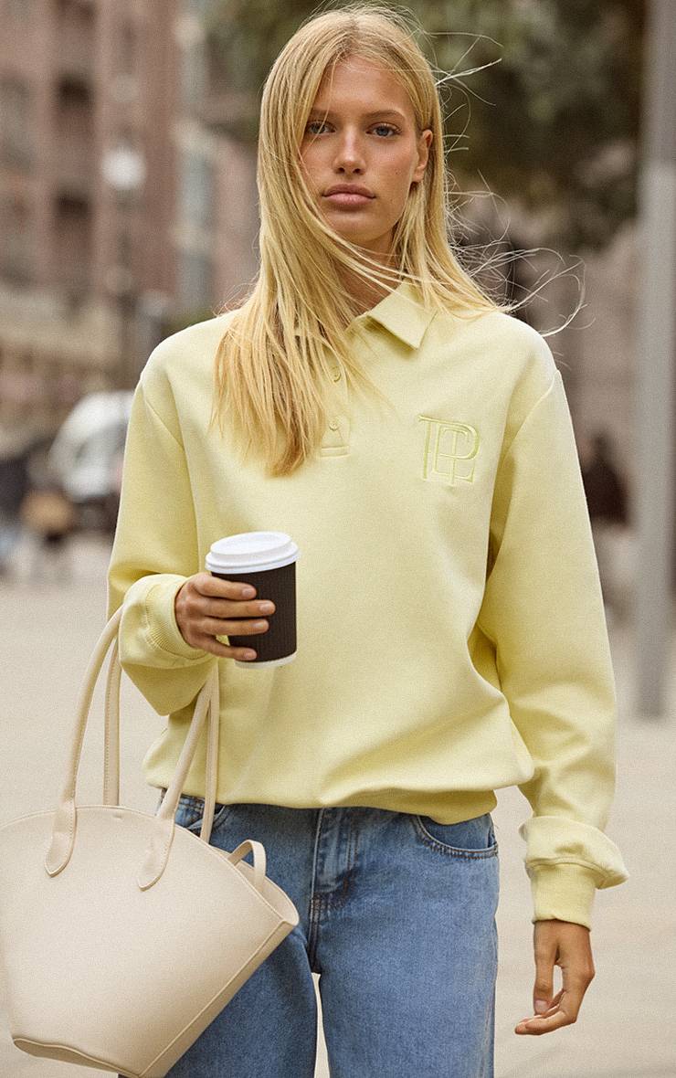 Pale Yellow Sweat-shirt Polo Boutonné En Molleton Brodé Interlock Crème