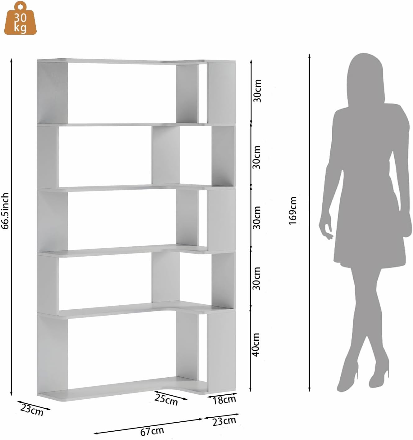 5-stöckiges Bücherregal mit LED-Beleuchtung, L-förmige Bücherregale und Vitrinen,Eckregale aus Holz, 90x48x170cm (Weiß)