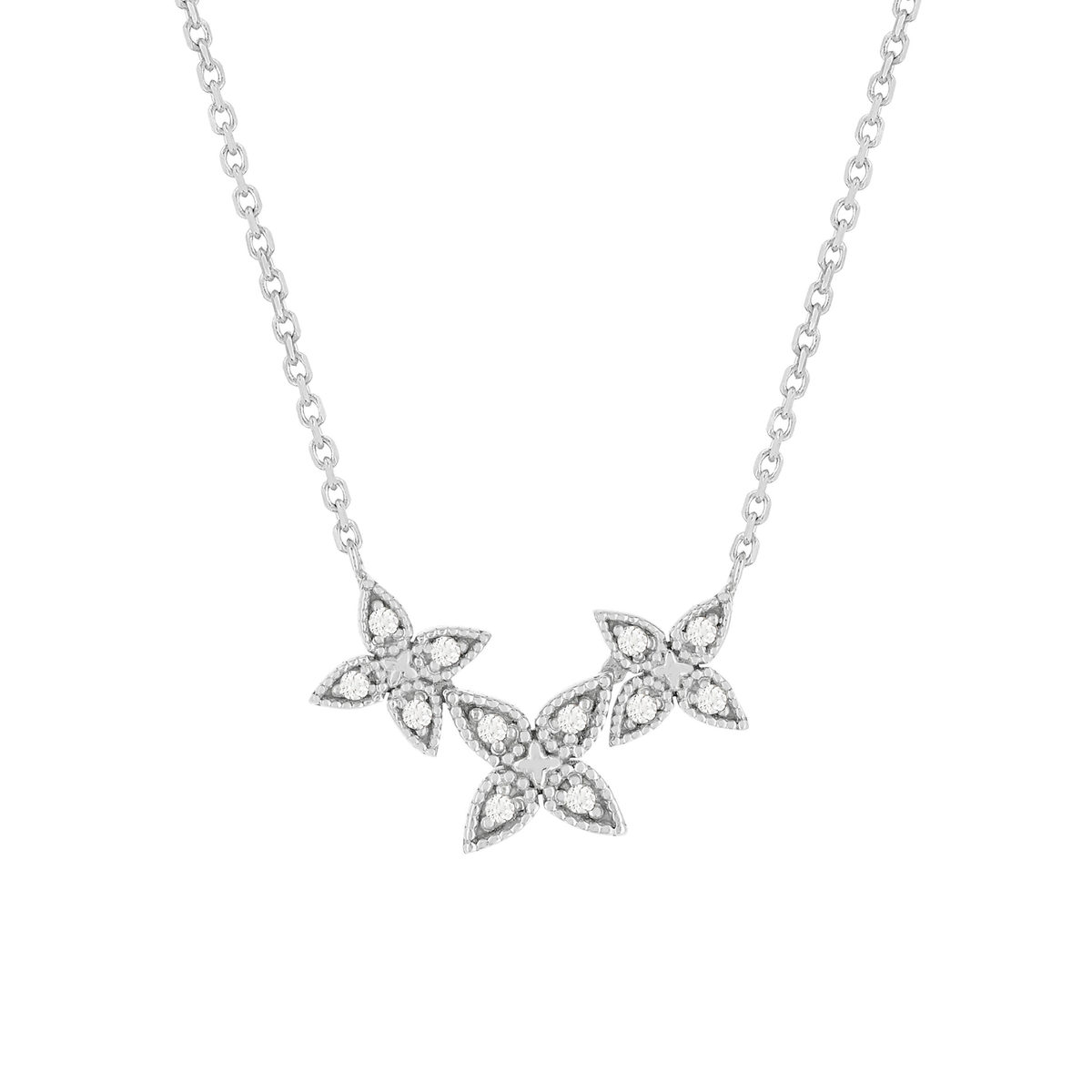 Collier or blanc 375, diamants. Motif fleurs. Longueur 42 cm.