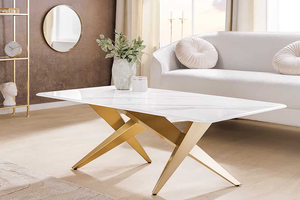 Moderner Couchtisch ART LIVING 130cm weiß Marmor Keramik champagner gold brushed