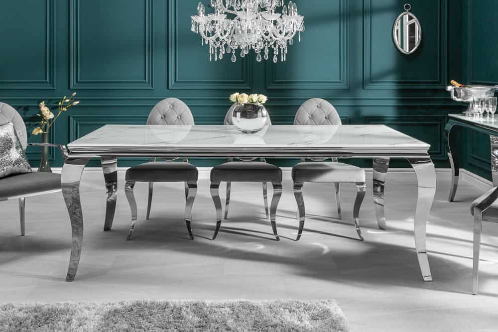Design Esstisch MODERN BAROCK 200cm weiß chrom Glasplatte Marmor Edelstahlbeine