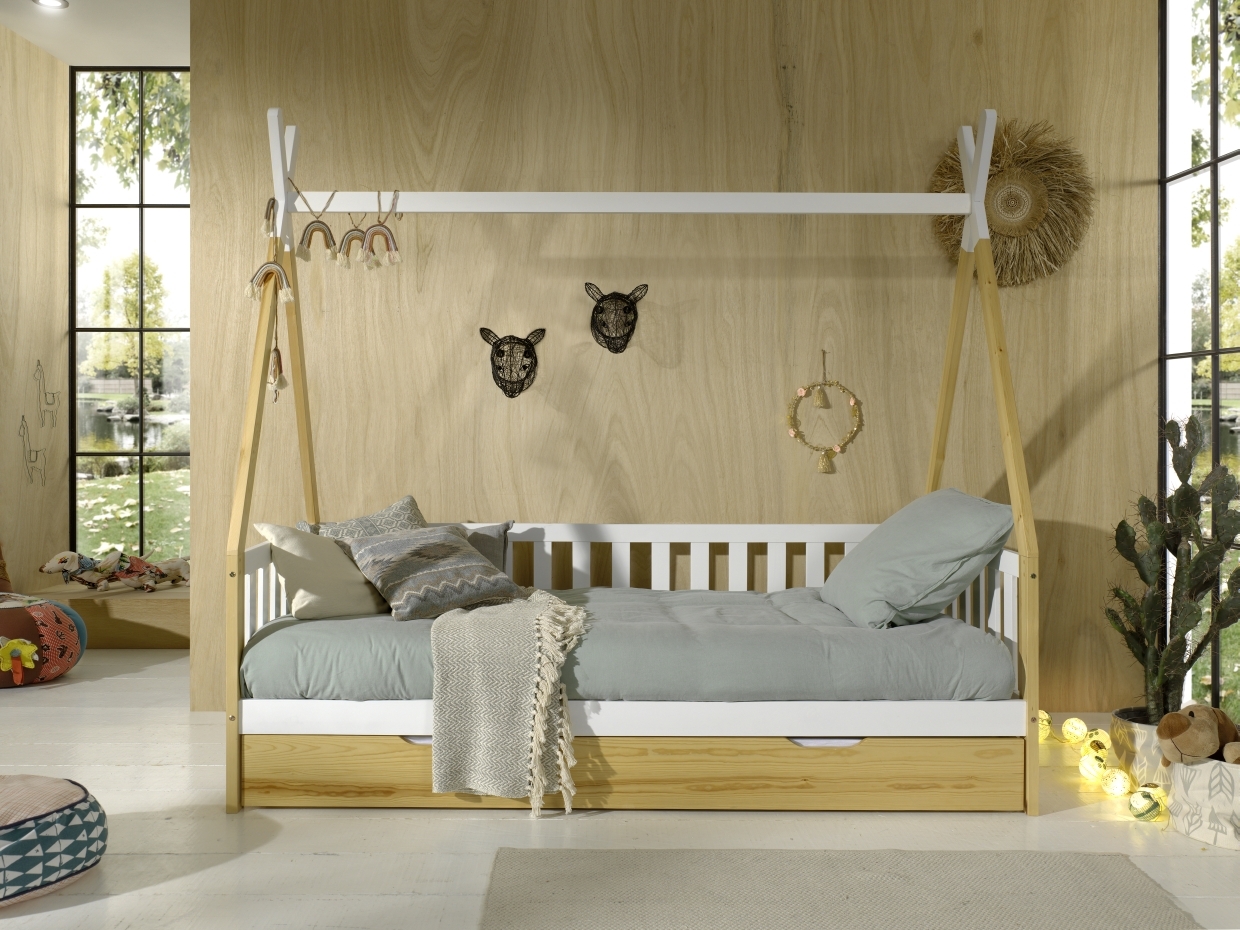 Tipi-Zelt-Bett - Kiefer-weiß - Schublade - Rolllattenrost - 90x200 cm