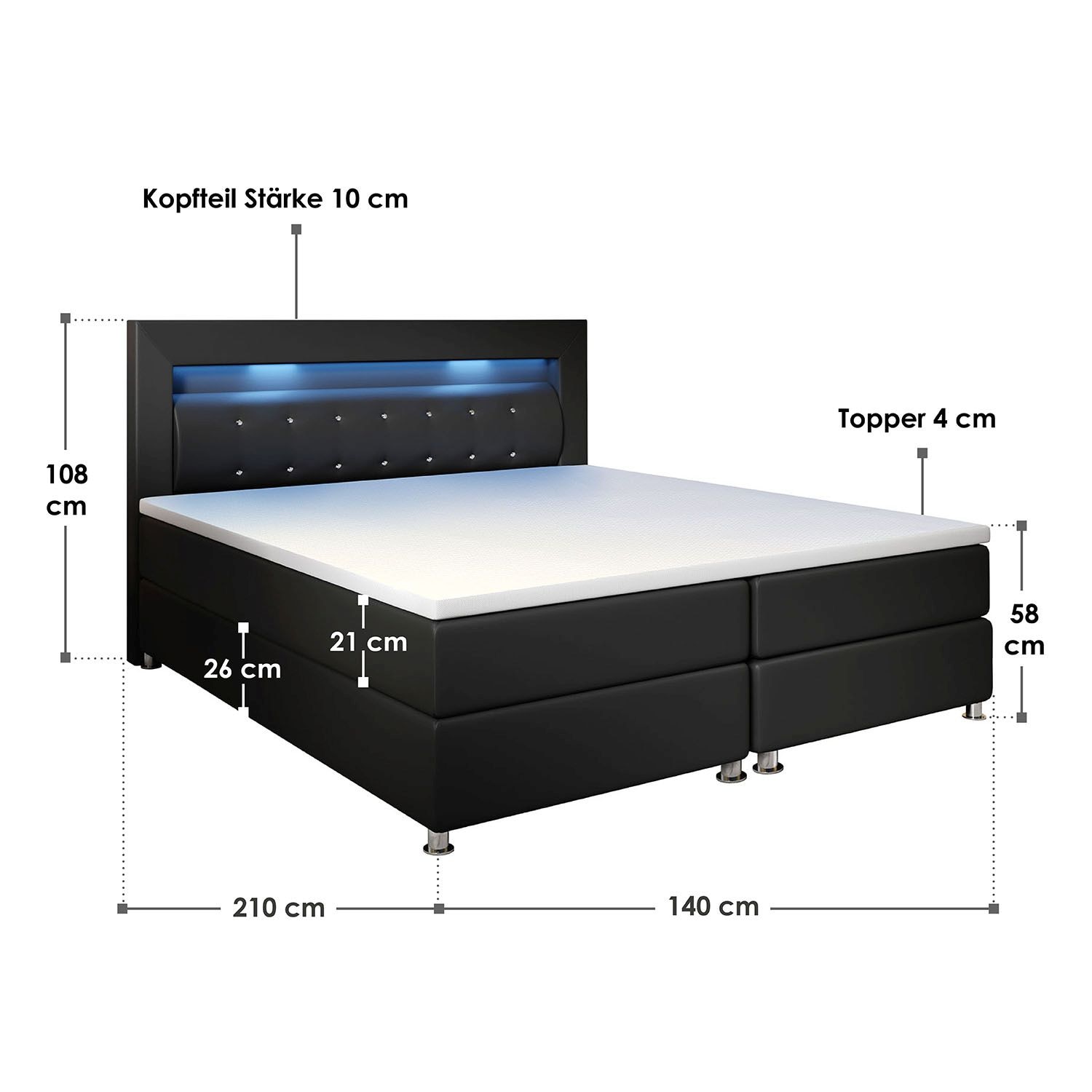 Juskys Boxspringbett Montana 140 x 200 cm schwarz aus Kunstleder mit Federkern Matratze