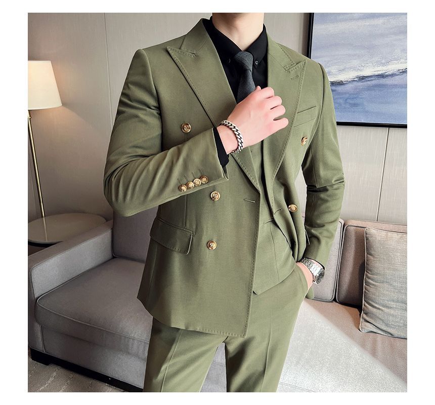 Deepwood - Set: effen dubbelrijs blazer + vest met knoopjes + hoge taille rechte broek