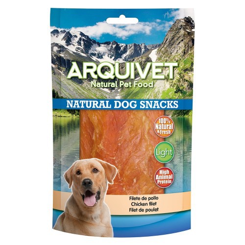 Barrinhas de petiscos naturais Arquivet para cães, sabor frango.