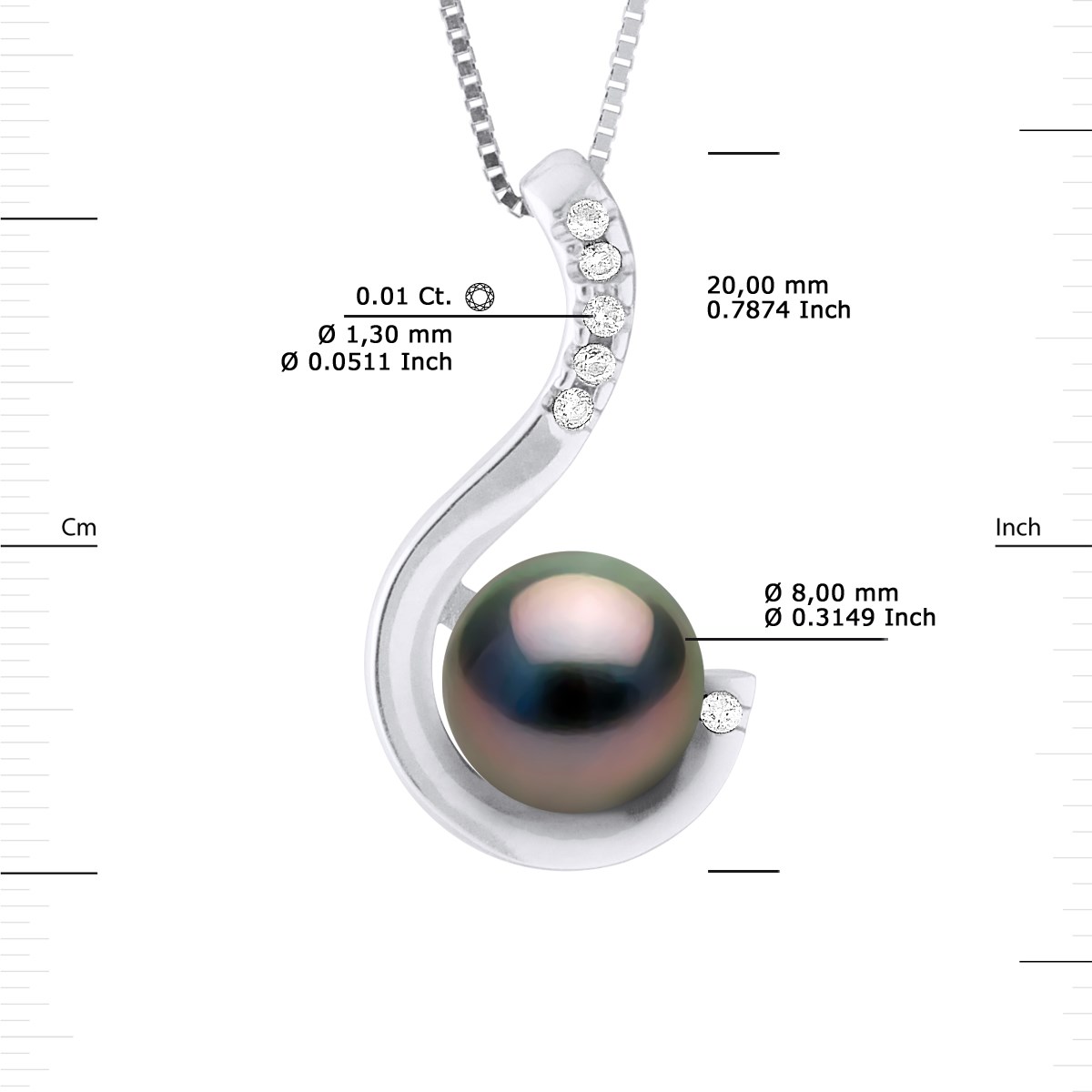 Collier Pendentif Joaillerie Diamants 0,06 Cts - Or Blanc et Véritable Perle de Culture de Tahiti Ronde 8-9 mm