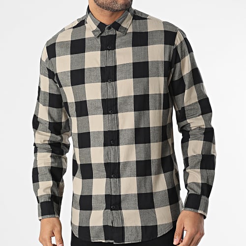 Chemise Manches Longues A Carreaux Gingham Beige Noir