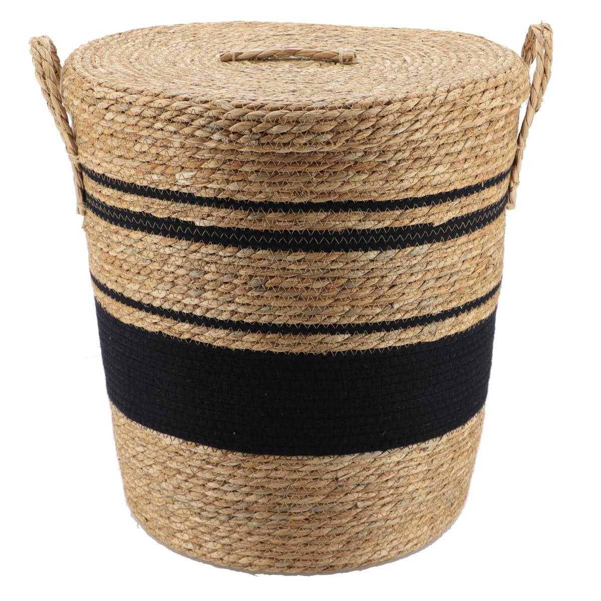 PANIERE COUVERCLE PAILLE ET COTON 42X48CM NATUREL NOIR