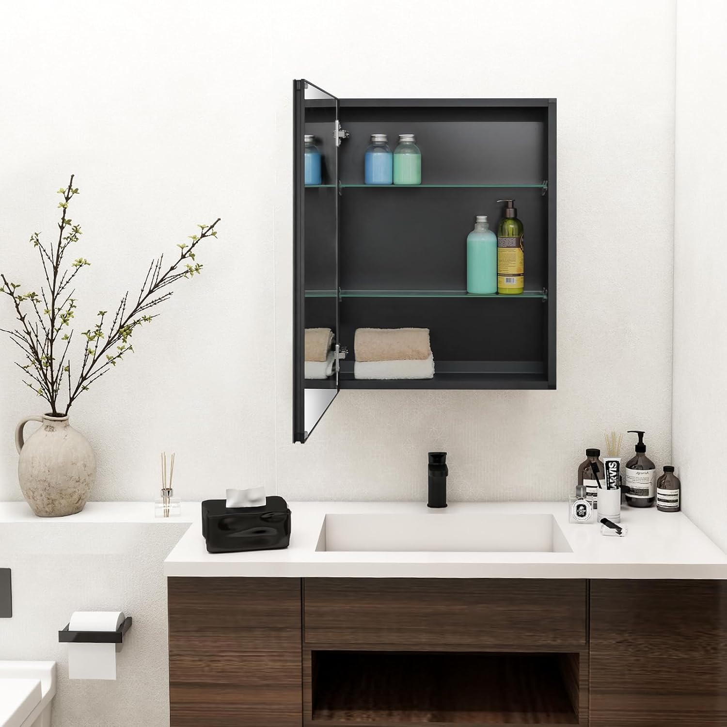 Fundin Spiegelschrank 50.8 x 66 cm Spiegelgröße, Einbau- oder Aufputzmontage, schwarzer Aluminium-Badezimmer-Wandschrank mit Spiegel und verstellbaren Ablagen.
