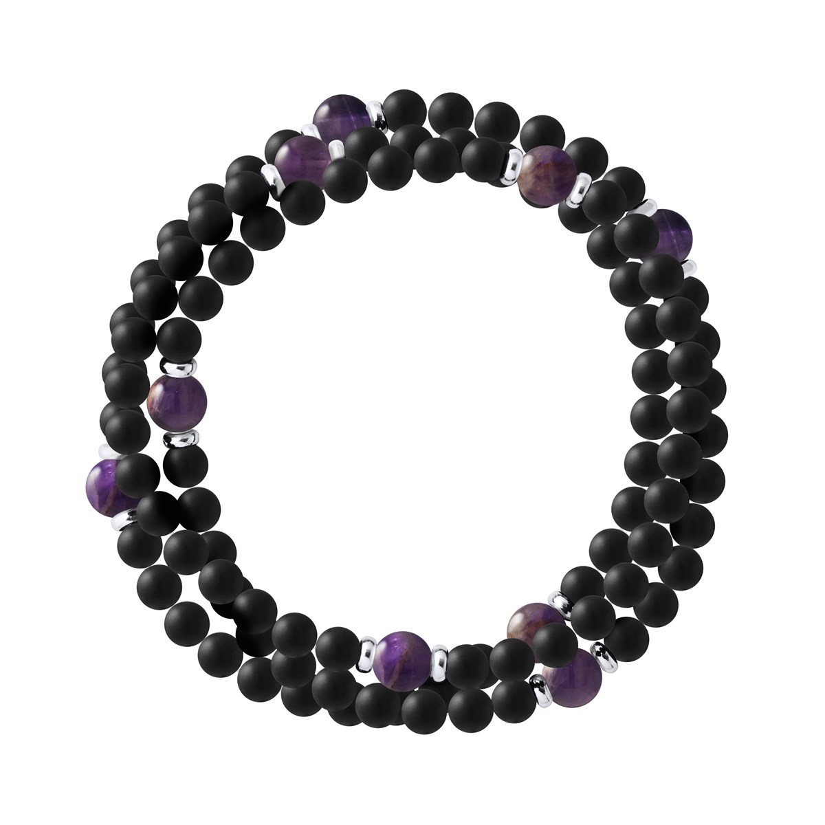 Bracelet Triple Rang SHAMAN, Améthyste, Agate Noire Matte , Argent 925