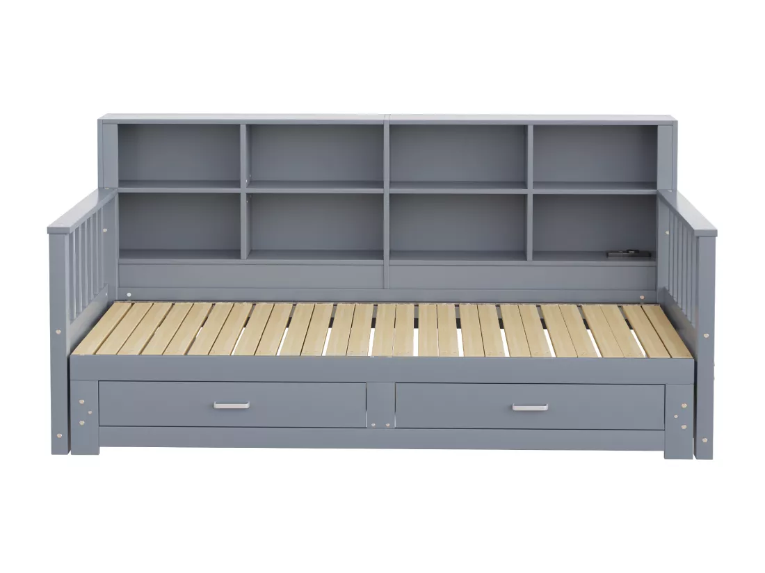 Canapé-lit gigogne en bois massif 90/180x190 cm - avec prise de charge - avec rangement - avec 2 tiroirs - sommier à lattes - gris（matelas non inclus)