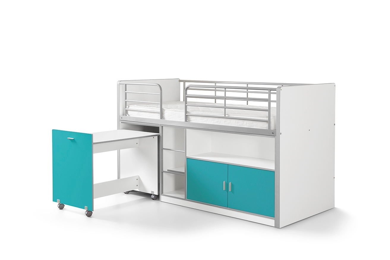 Funktions-Hochbett BONNY - weiß-türkis - mit Schreibtisch - 90x200 cm