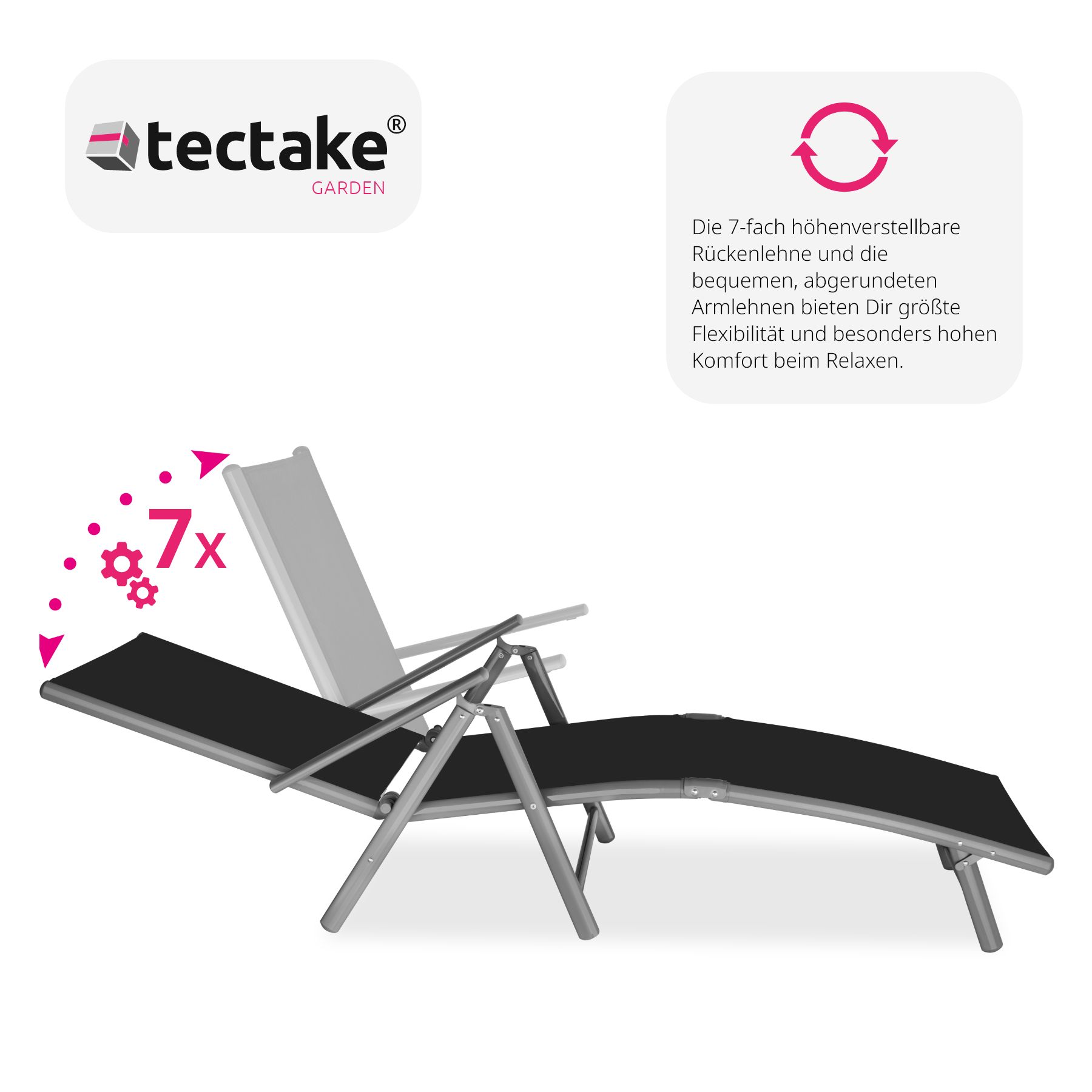 tectake® Gartenliege, klappbar, 7-fach verstellbare Rückenlehne, 182 x 62 x 59 cm