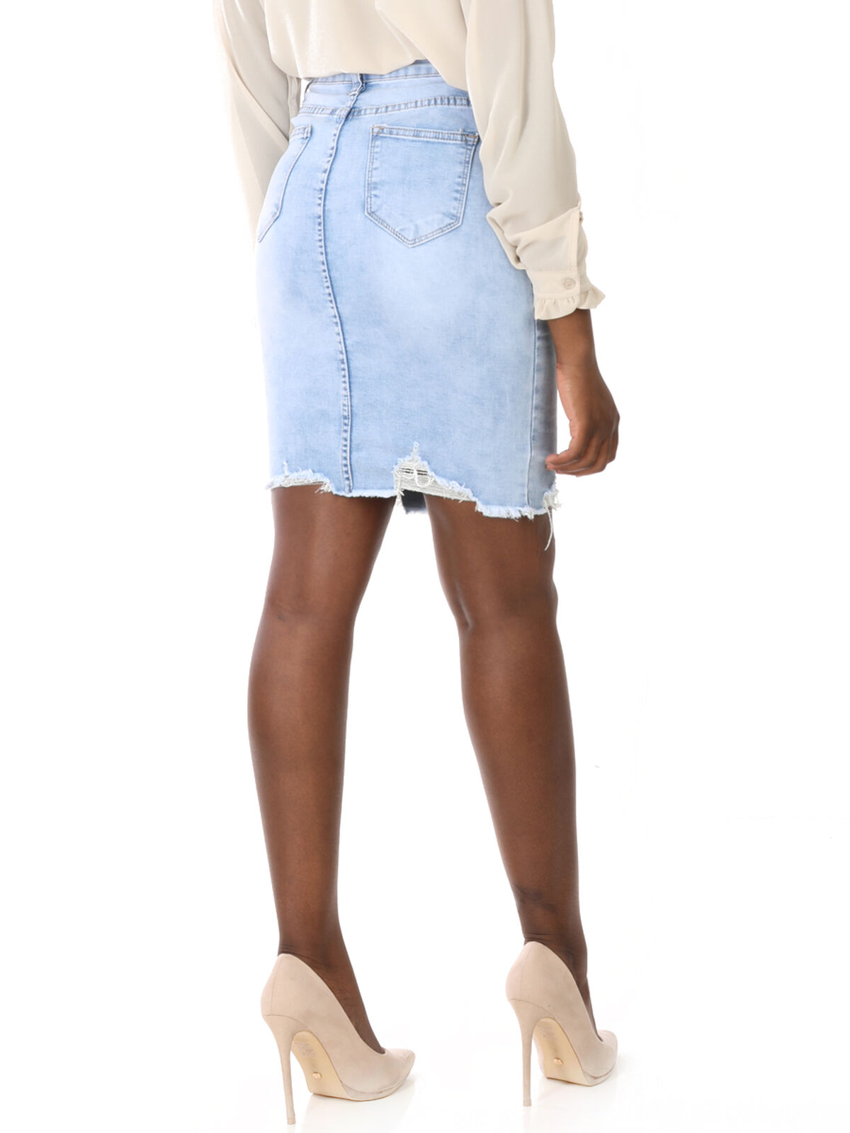 Jupe en jean effiloché à boutons- Bleu clair