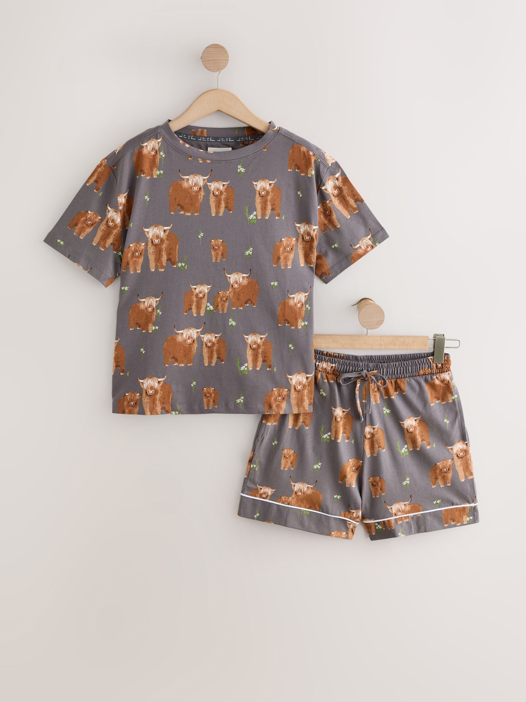 Houtskoolgrijze Hamish The Highland Cow - Set van 100% katoenen shortpyjama