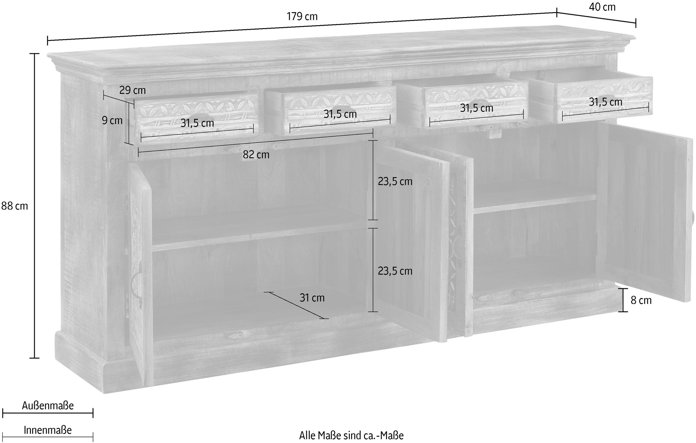 Home affaire Sideboard »Maneesh« Kommode aus massivem Mangoholz, viele Stauraummöglichkeiten, B/ 179cm