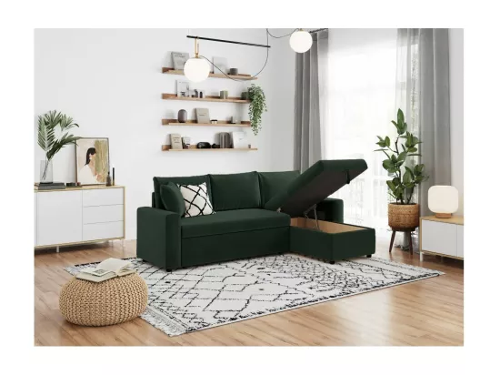 Canapé d'angle 3 places Maria réversible, convertible avec coffre en velours côtelé - Vert foncé - L227 x P146 x H81cm - Loungitude