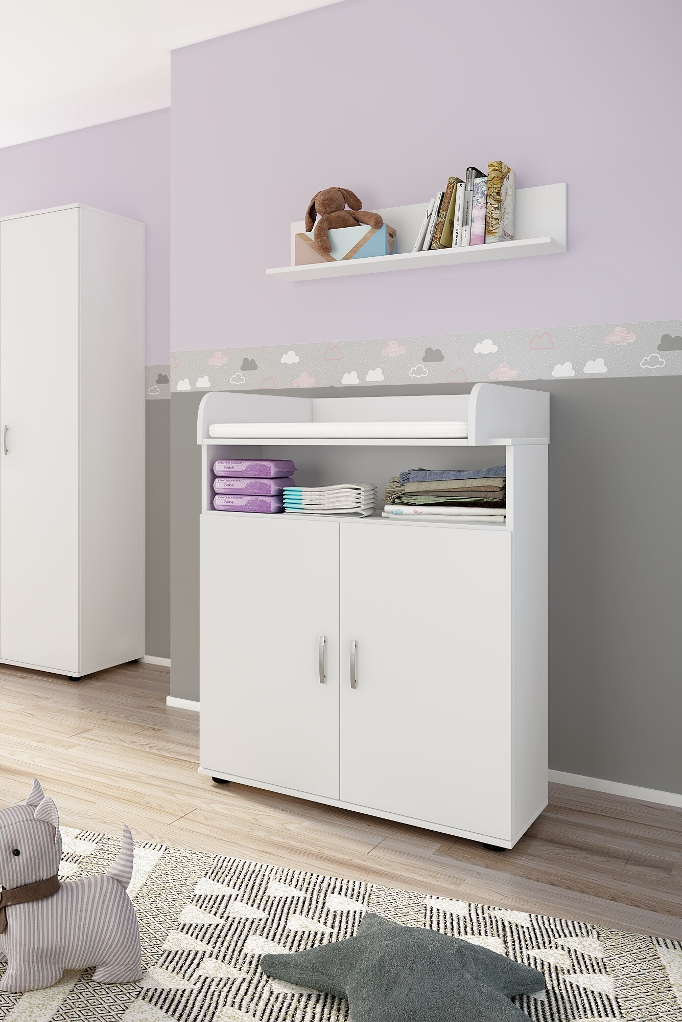 nonjoo. Babyzimmer Lunis Set 5: best. aus Babybett, Kommode, Wickelaufsatz, Wandboard, Regal mit 6 Fächern und Kleiderschrank 2-trg.