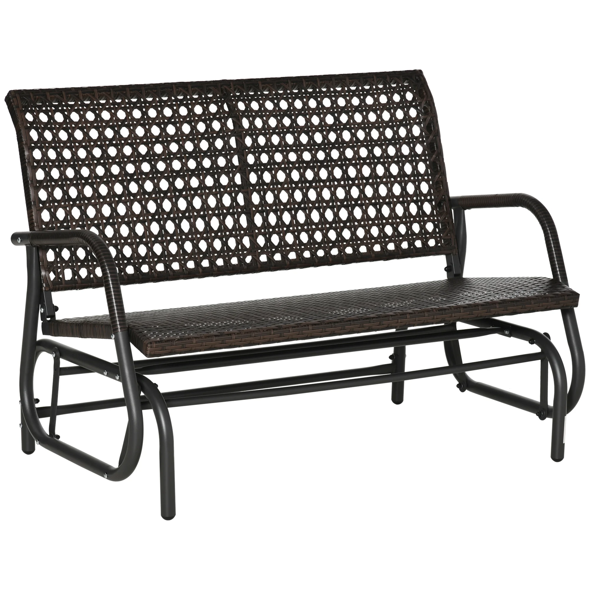 Cadeira de balanço de vime Outsunny para 2 pessoas, banco de balanço para jardim com mecanismo de balanço ergonômico e estrutura de metal para terraço, varanda, pátio externo, hotel, capacidade de carga de 220 kg, 120x70x84 cm, marrom