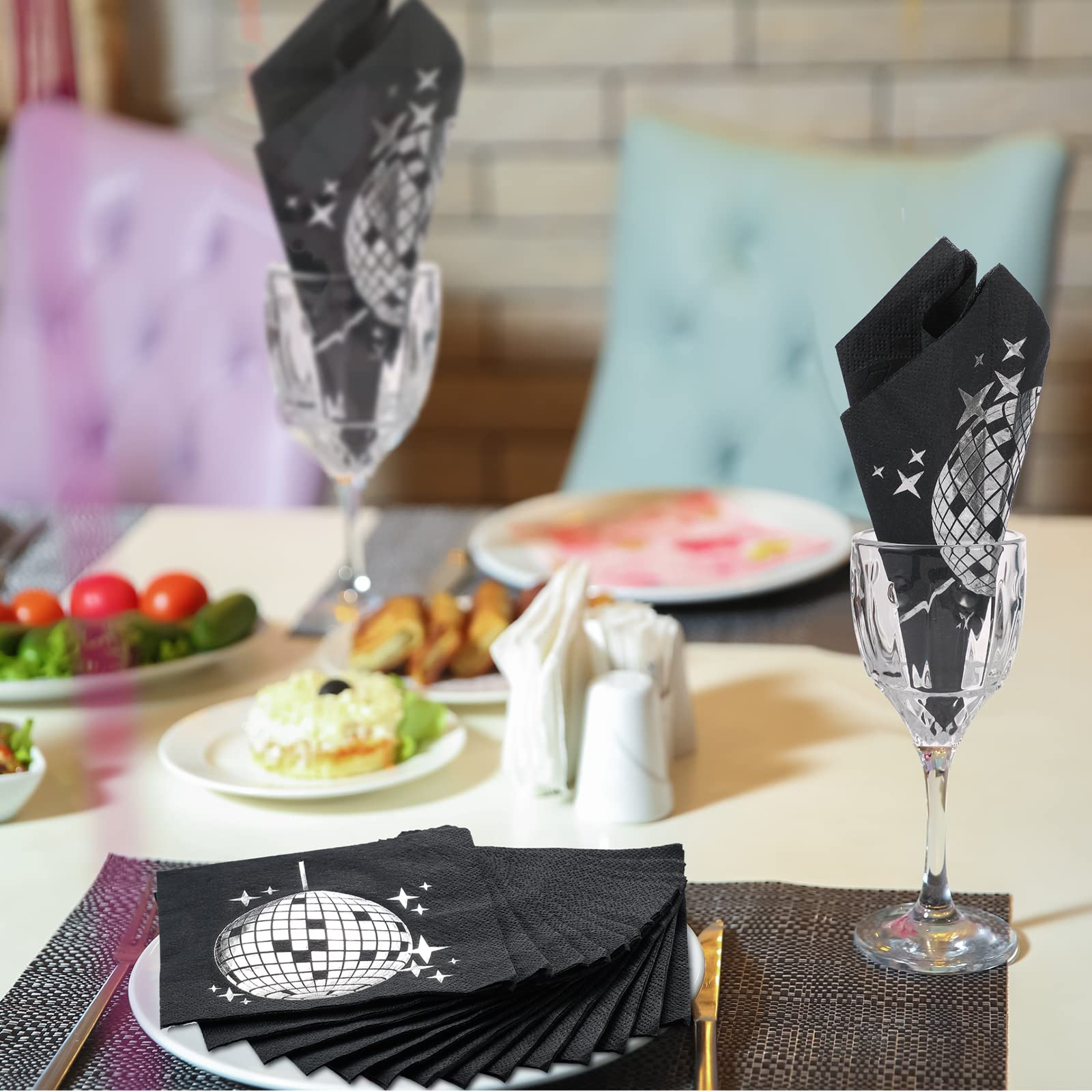 (100er Set) 33x33cm Einweg Servietten Party Tisch Dekoration Discokugel Design - Schwarz / Silber