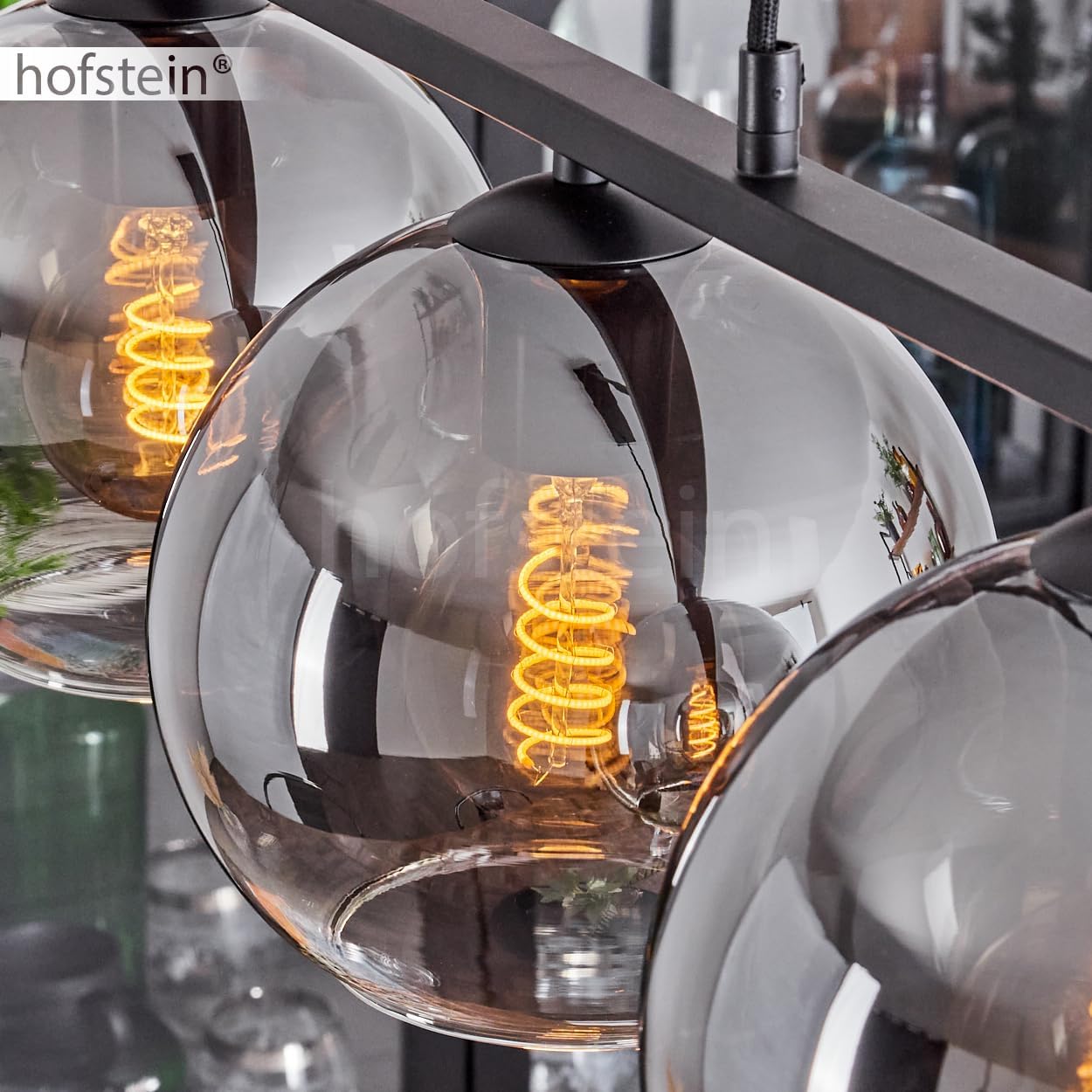 Pendelleuchte Koyoto, Hängelampe aus Metall/Glas in Schwarz/Rauchfarben/Klar, Hängeleuchte im Retro/Vintage-Design mit Glasschirmen (Ø 20 cm), 5-flammig, Höhe max. 116,5 cm, 5 x E27, ohne Leuchtmittel