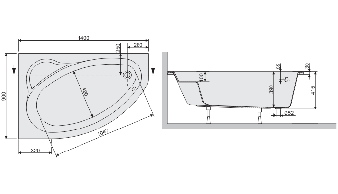 Plazan Ekoplus hoekbad 140x90cm wit links inclusief potenset