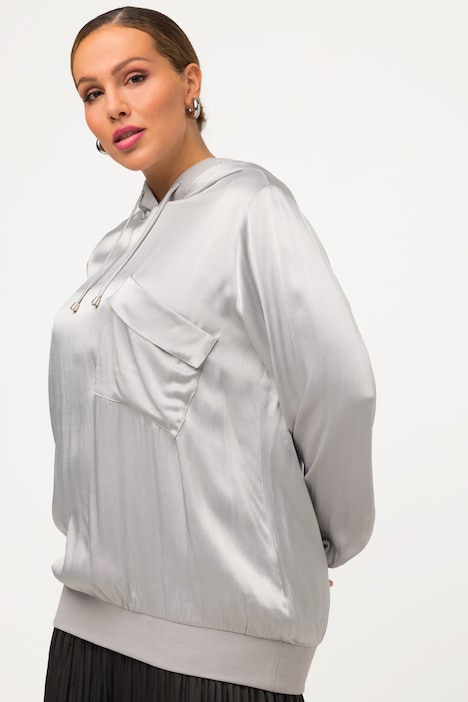 Bluse, Satin, Kapuze, Brusttasche, Langarm