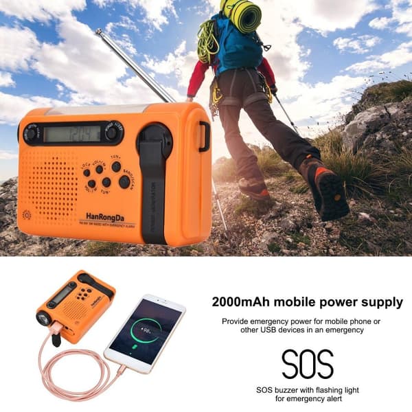Bærbar radio LED lommelykt 2000mAh batteri SOS håndsveiv soldrevet