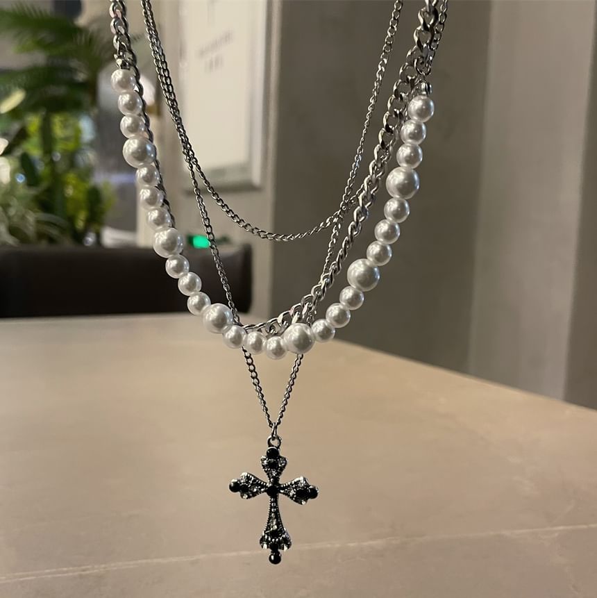 Lilafey - Kruis strass hanger imitatie parel gelaagde ketting