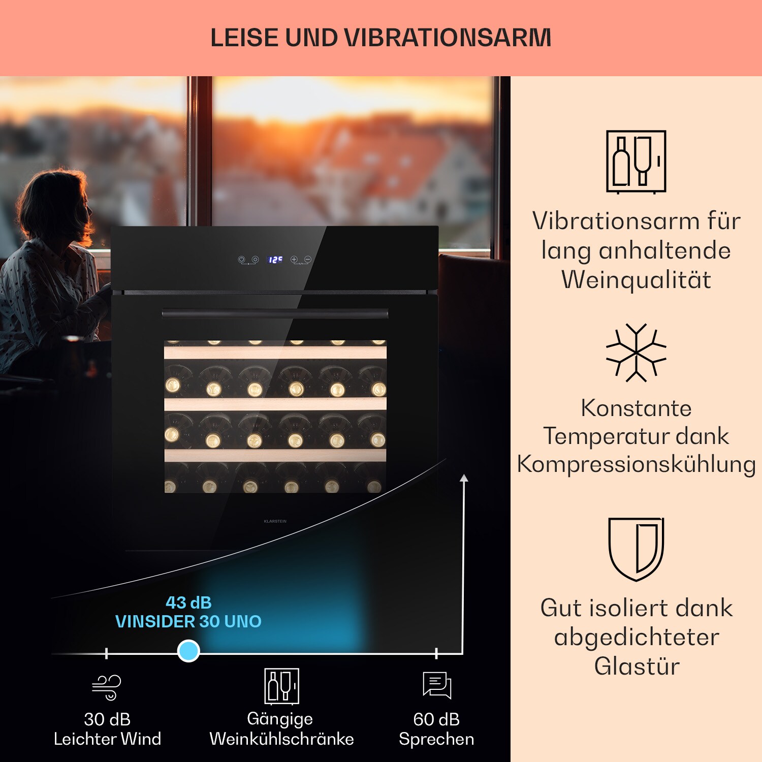 Vinsider 30 Built-In Uno Einbau-Weinkühlschrank 30 Flaschen 77 Ltr Edelstahl Schwarz 30 Flaschen 1 Kühlzone