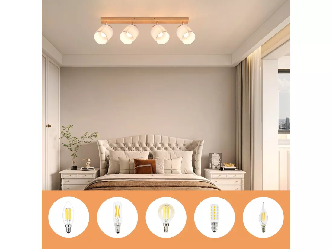 NETTLIFE 4 Spots de plafond salon bois moderne E14 pivotants à 350°MAX.25W lampe écran en tissu pour chambre cuisine couloir (sans ampoule)
