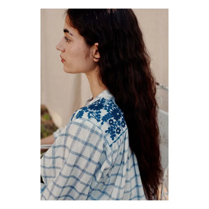 Louise Misha Blouse Jeannali Carreaux Coton Bio et Lin - Collection Femme | Bleu