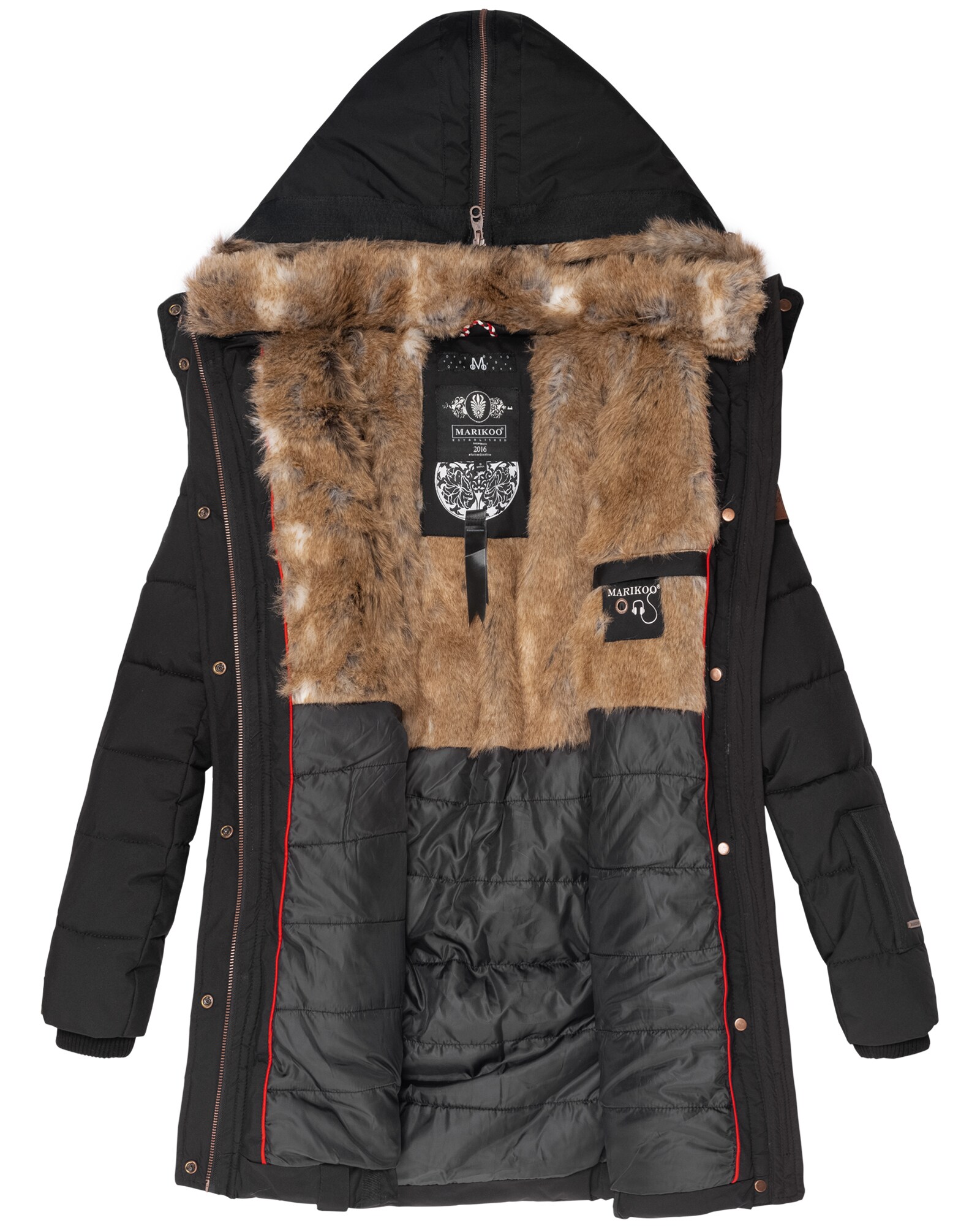 MARIKOO Damen stylischer Wintermantel Steppmantel mit Kunstpelz-Kapuze Lieblings Jacke