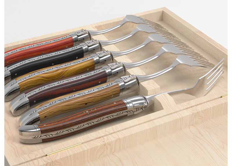 Service de 6 fourchettes Laguiole avec un manche en 6 bois différents et mitres inox