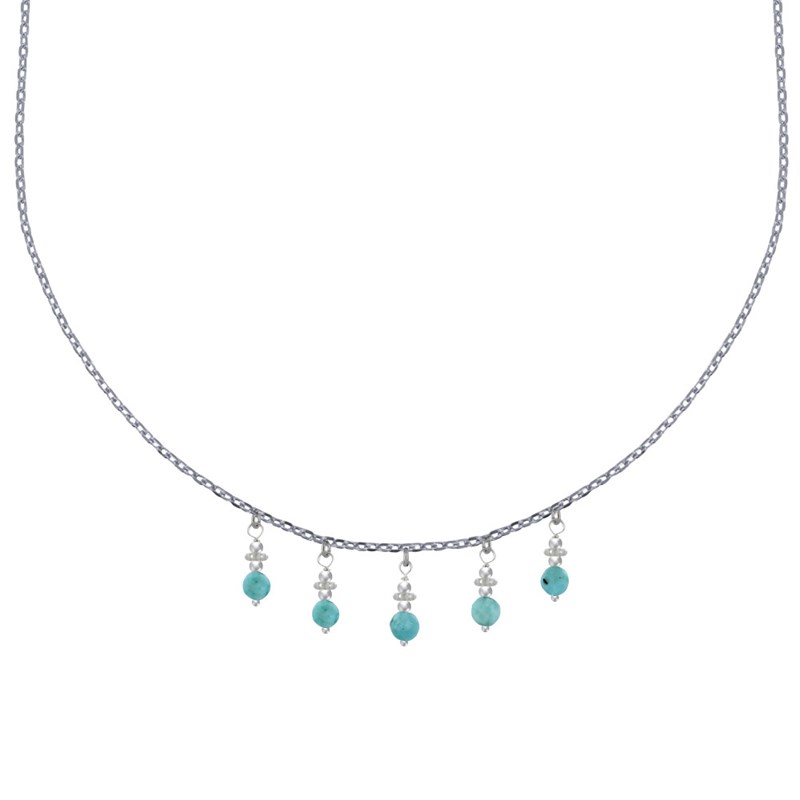 Collier Chaine Argent Breloques Cinq Perles de Larimar Facettées Anneaux et Perles Argent