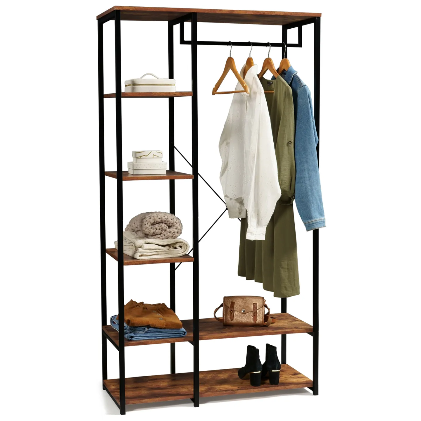 Dressing penderie étagères L. 90 cm HAWKINS bois foncé design industriel