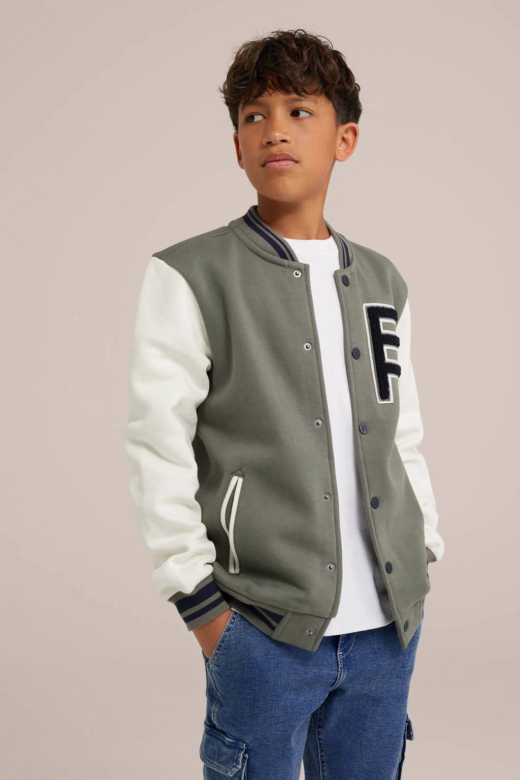 WE Fashion bomberjack olijfgroen/wit