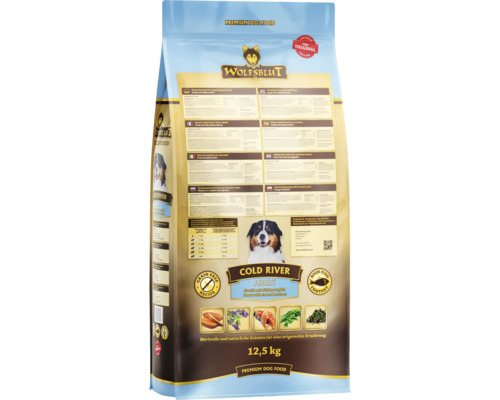 WOLFSBLUT Cold River Adult droog hondenvoer, forel en zalm met zoete aardappelen en waardevolle superfoods, graanvrij, glutenvrij, 12,5 kg