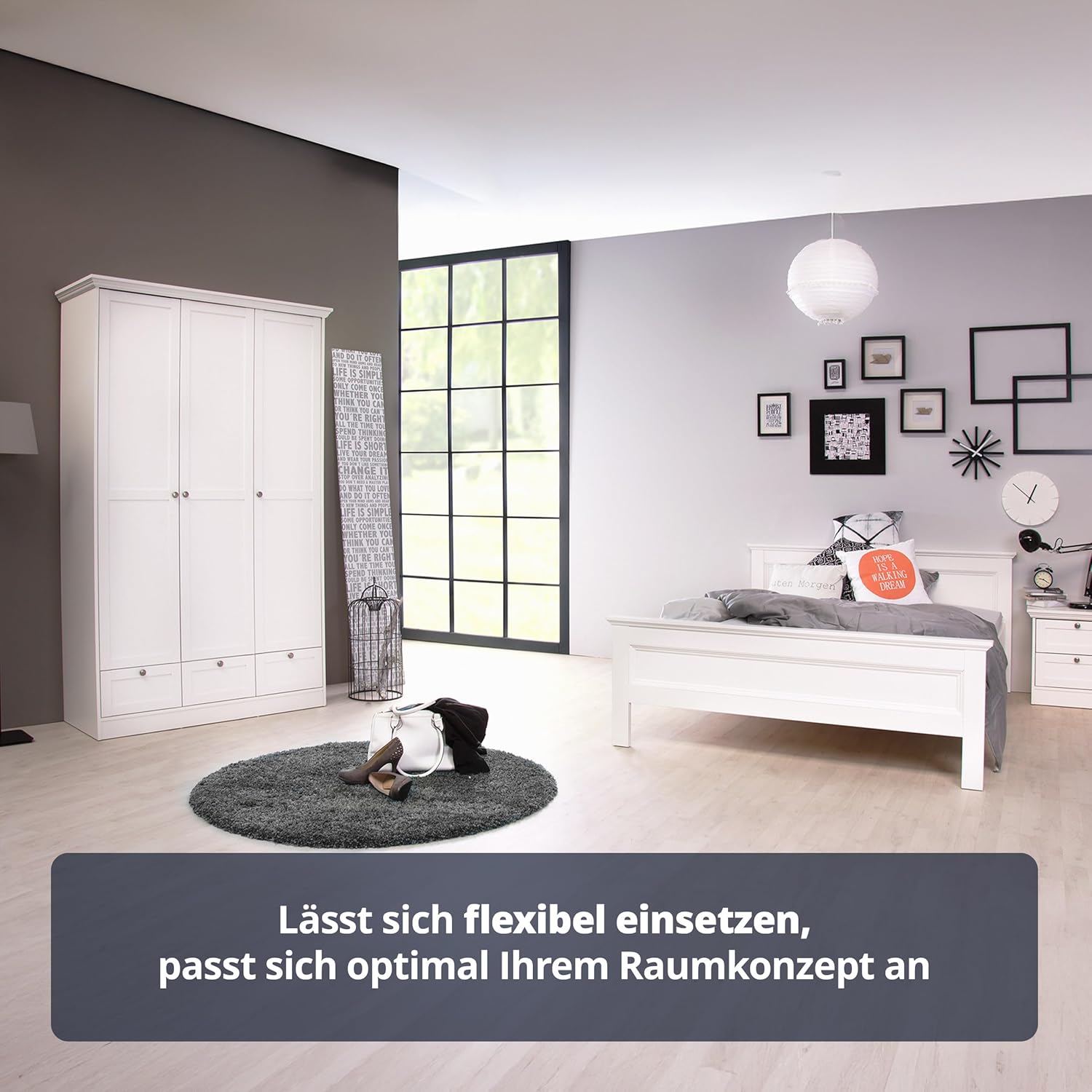 KHG Drehtürenschrank weiß 3 Türen 3 Schubkästen 1 Kleiderstange 5 höhenverstellbare Einlegeböden Sockelgestell Landhaus Stil