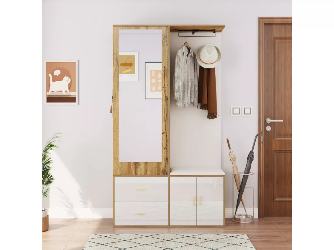 Armoir 100x38x108.1cm - Avec miroir - Avec meuble à chaussures - Avec crochets et cintres rétractables - Blanc + Naturel