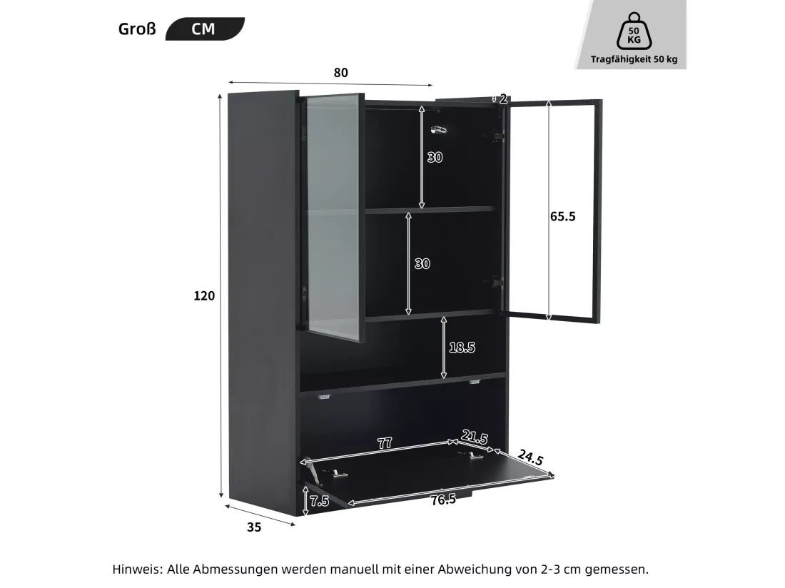 Vitrine LED moderne 80x120x35cm- avec éclairage LED 16 couleurs - avec 2 portes vitrées - avec compartiments de rangement - Noir