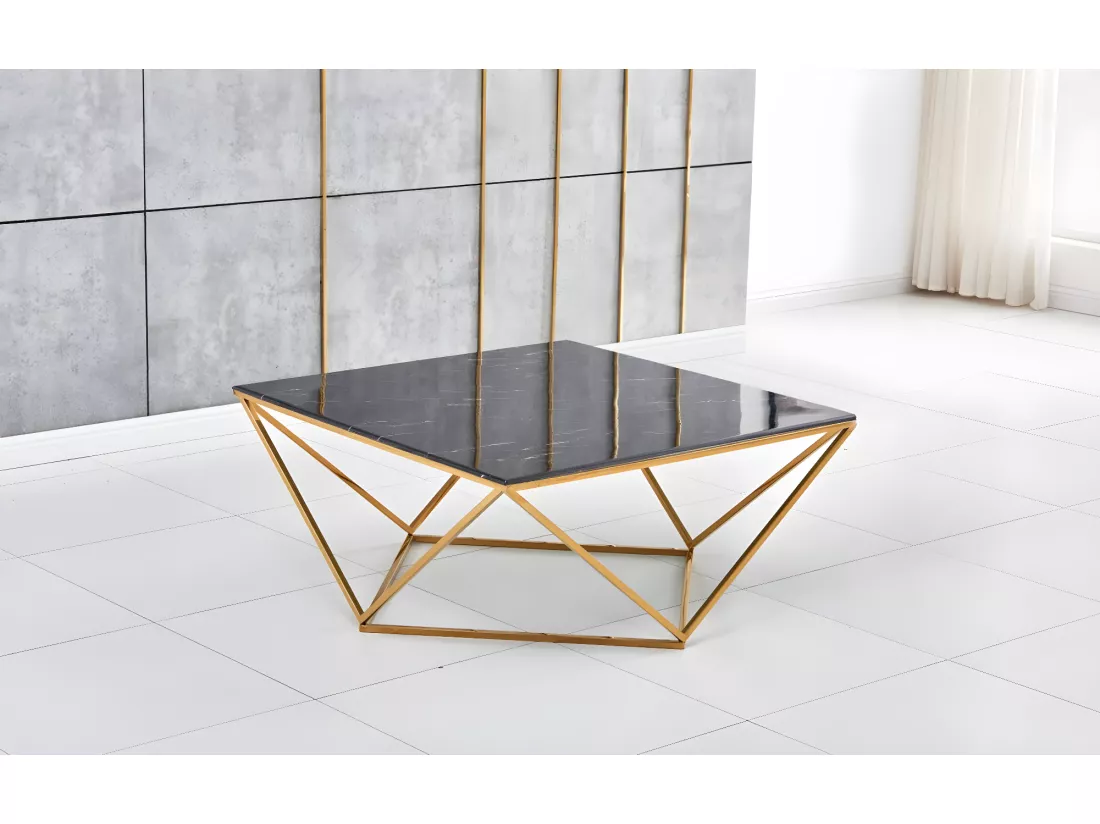 Table basse alina gold verre marbré noir 100x100x45 cm